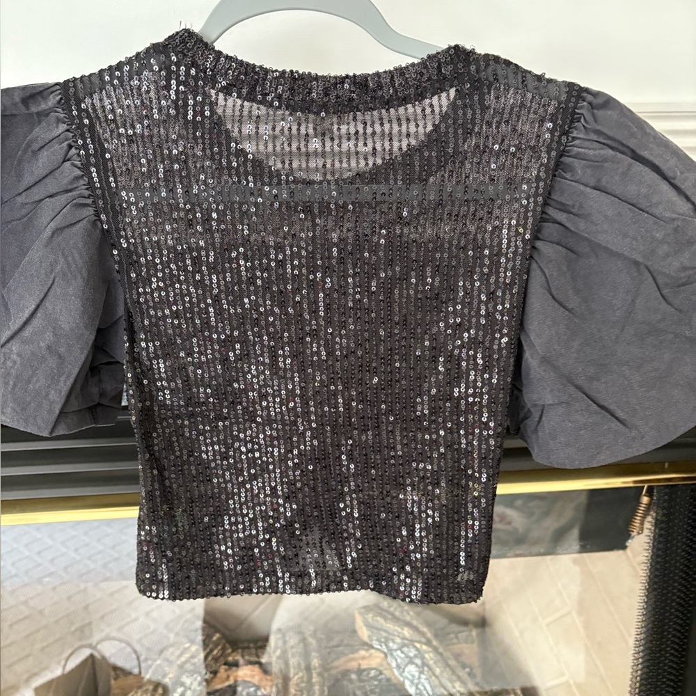 Pol Sequin Puff Sleeve Top in Black NWOT